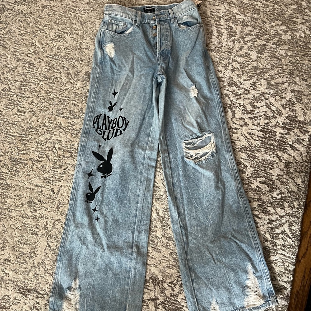 PLAYBOY Light Blue Wide Leg Jeans with Distressed Details